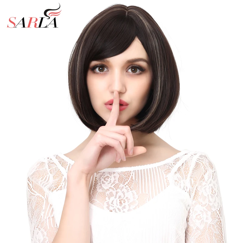 

Short Bob Wigs for Black Women with Bangs Synthetic Straight Afro Wig Black with Highlight Hair Wigs Natural Full End Wigs SW026