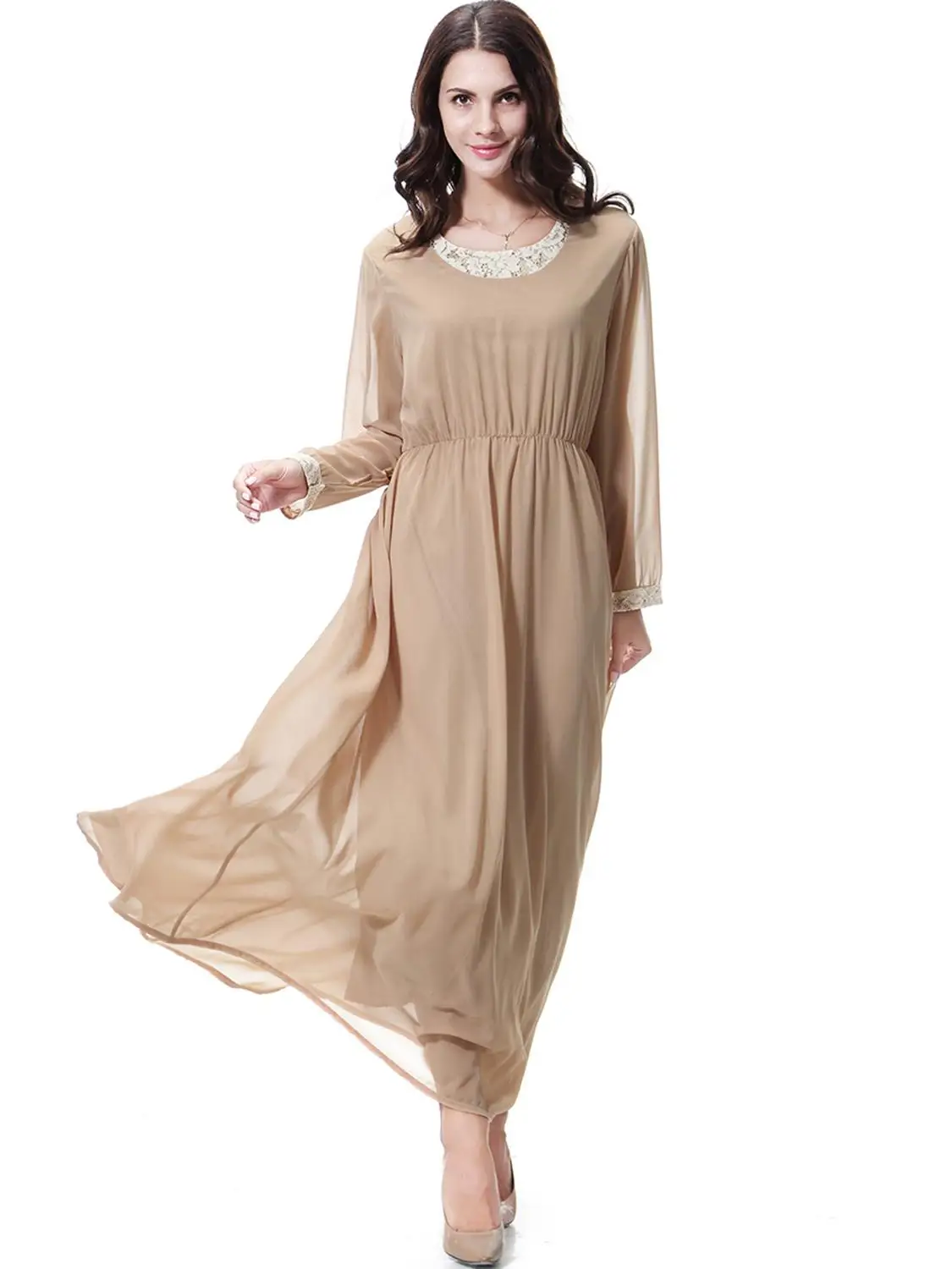 

Arab Women Clothes Lace Stitched Abaya Muslim Two-layers Long Chiffon Dresses Female Elastic Solid Vestidos