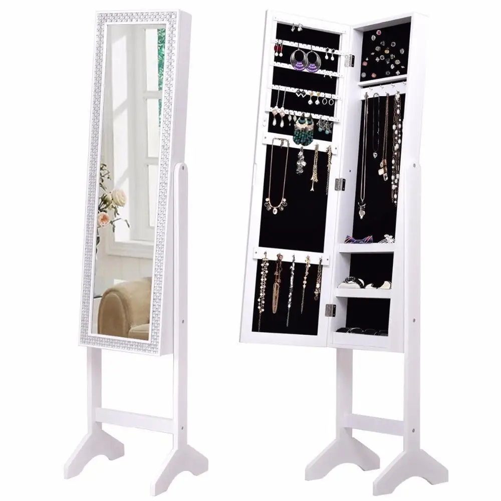 

Goplus Jewelry Armoire Cabinet with Diamond Mirror and Stand Bedroom Armoire Lockable Modern Wood Storage Organizer HW56031