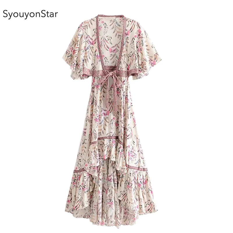 

SyouyonStar Women Beach Dress Holiday Asymmetrical Deep V Neck Lace Up Floral Summer Dresses 2019