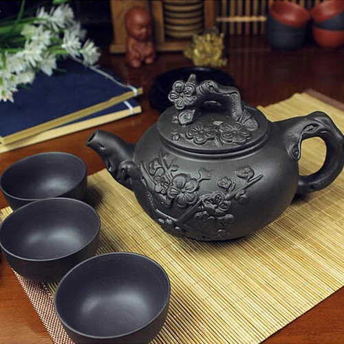 Chinese Porcelain Yixing Zisha Tea Set 380ml + 3 Cups 40ml Kung Fu