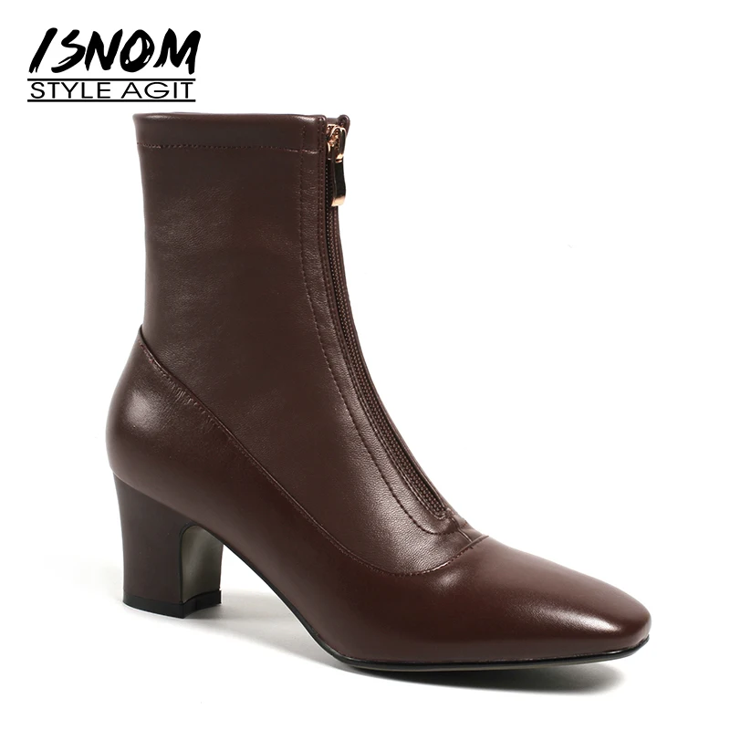 

ISNOM Autumn Stretch Women Ankle Boots Square Toe Zip Footwear Fur Cow Leather Ladies Boot Fashion Shoes Woman 2018 New Black