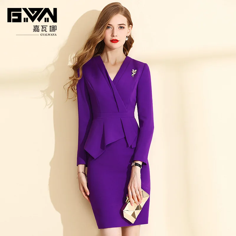 

2019 New Design Professional Dress Female Long Sleeve V-collar Fashion Slim One Pieces Pencil Dress Purple Color