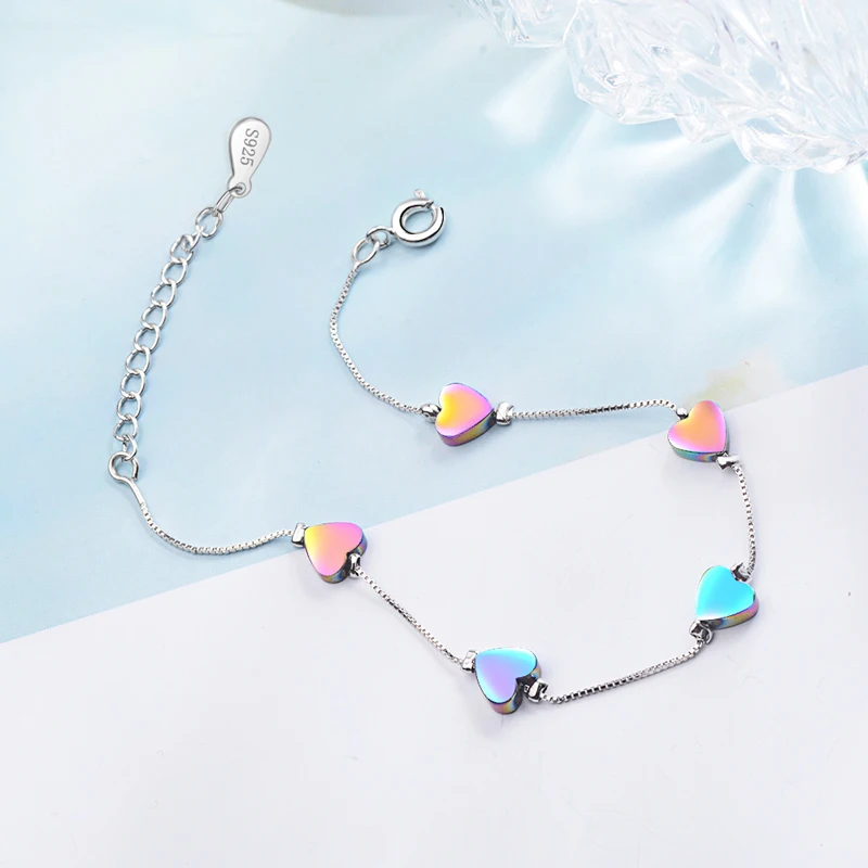 

KOFSAC New Fashion 925 Silver Bracelets For Women Engagement Colorful Gradual Change Love Heart Bangles Girl Party Jewelry Gifts