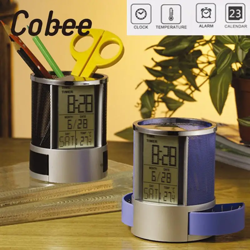 Cobee сетчатая ручка карандаш держатель с цифровым ЖК-дисплеем офисный стол будильник Время Дата темп Рождество ребенок подарки офисные принадлежности