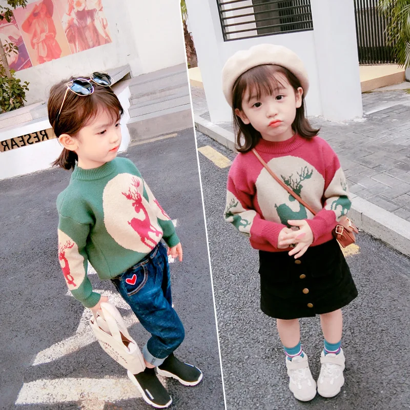 

Autumn Winter Girls Sweaters Baby Girl Christmas Cartoon Deer Sweater Long Sleeve Knitwear Pullover Kids Costume Children Top