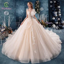 SSYFashion Новое высококачественное свадебное платье невесты романтическое кружево цвета шампанского с аппликацией бисером Длинные свадебные халаты Vestidos De Novia