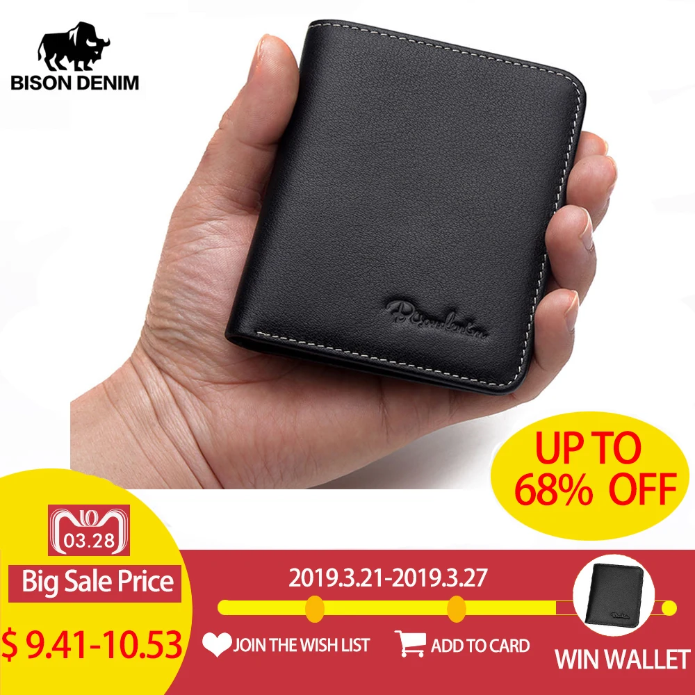BISON DENIM Black Purse For Men Genuine Leather Men's Wallets Thin Male Wallet Card Holder Cowskin Soft Mini Purses N4429