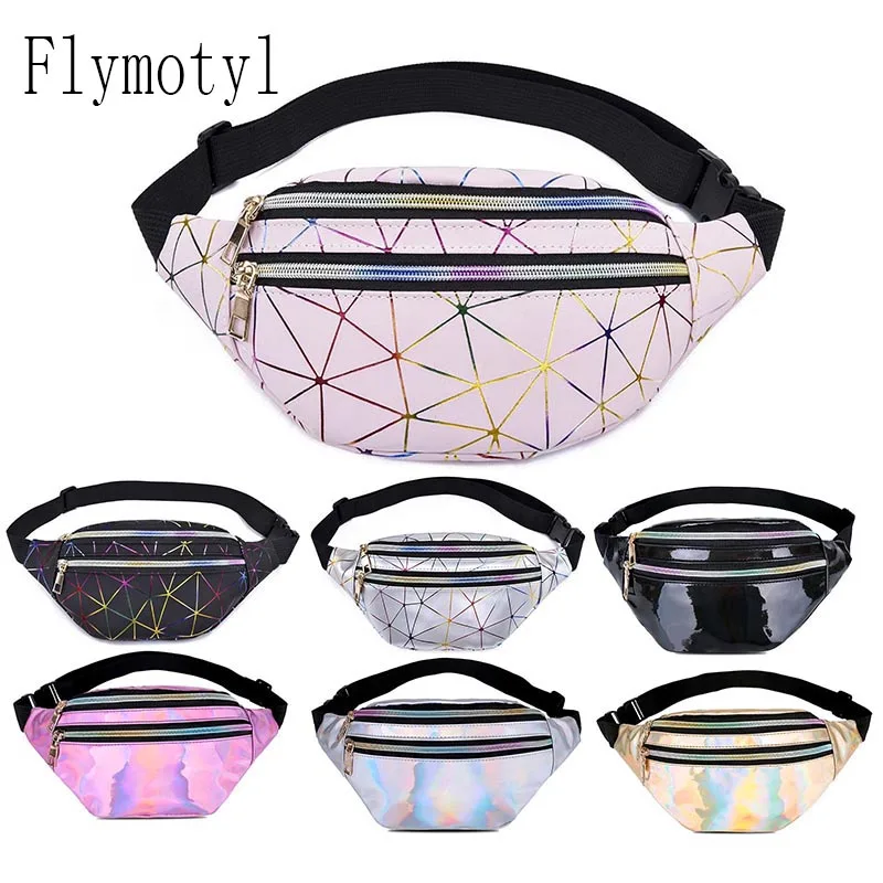 

Flymotyl Fanny Pack Holographic Women Waist Bags Silve Pink Female Belt Bag Laser Chest Phone Pouch Waist Packs