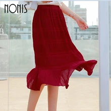 Nonis длинная Плиссированная шифоновая юбка Женская Лолита с оборками и высокой талией юбка в стиле бохо женские белые, красные, черные, зеленые пляжные юбки