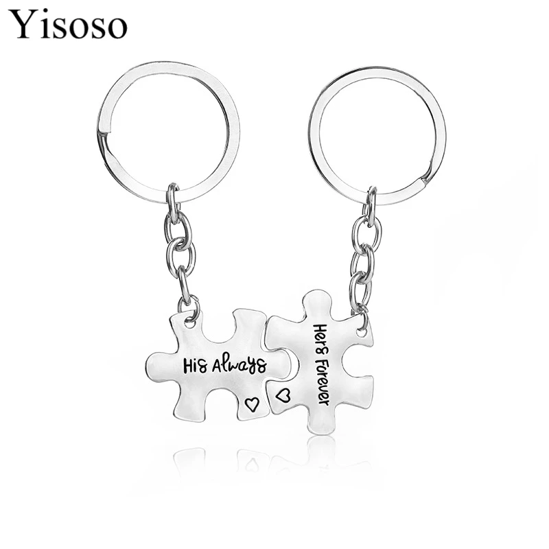 

Yisoso 2PC/Set Letters Carved " His Always and Hers Forever " Heart Couple Keychain Puzzle Geometric Keychains Key Chain Holder