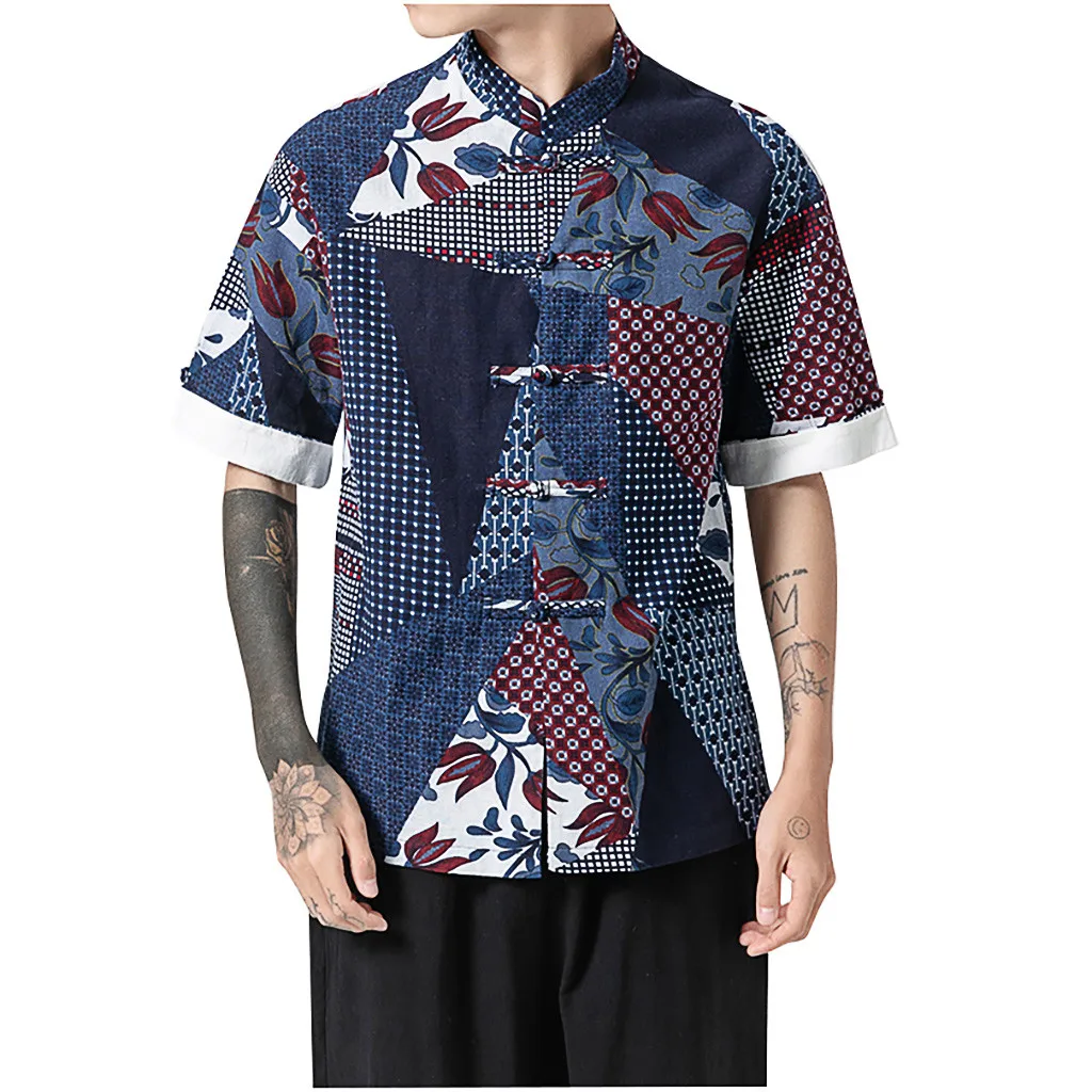 

JAYCOSIN Shirt Men's Print Short Sleeve Multi-Color Stand Neck Loose Casual Blouse Cotton Linen Chinese Style Holiday Tops 604