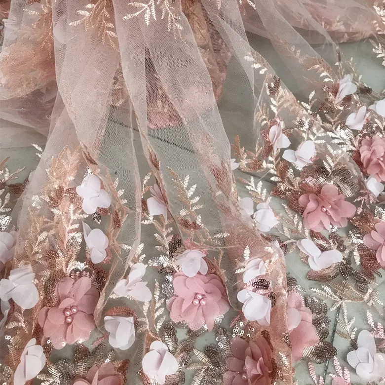 5 Yards Width 125cm Handmade 3D Flower Beaded Fabric Sequins Mesh Fabric for Dresses Fahion Clothing