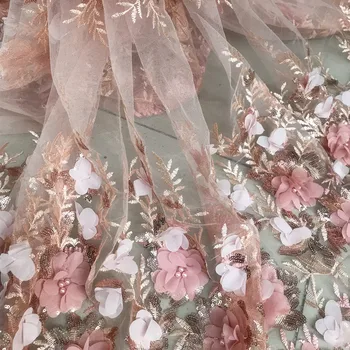 

5 Yards Width 125cm Handmade 3D Flower Beaded Fabric Sequins Mesh Fabric for Dresses Fahion Clothing