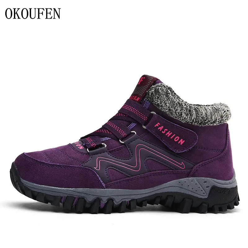 

OKOUFEN Autumn Winter Outdoor Trekking Shoes Warm Plush Women Mountain Sport Boots Non-slip Climbing Sneakers Women Hiking Shoes