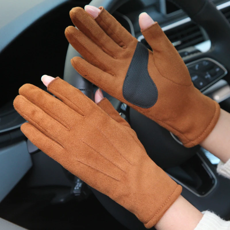 Imitation Suede Gloves Female Male Autumn Winter New Thicken Plus Velvet Unisex Driving Semi-Finger Gloves Woman Man SZ025