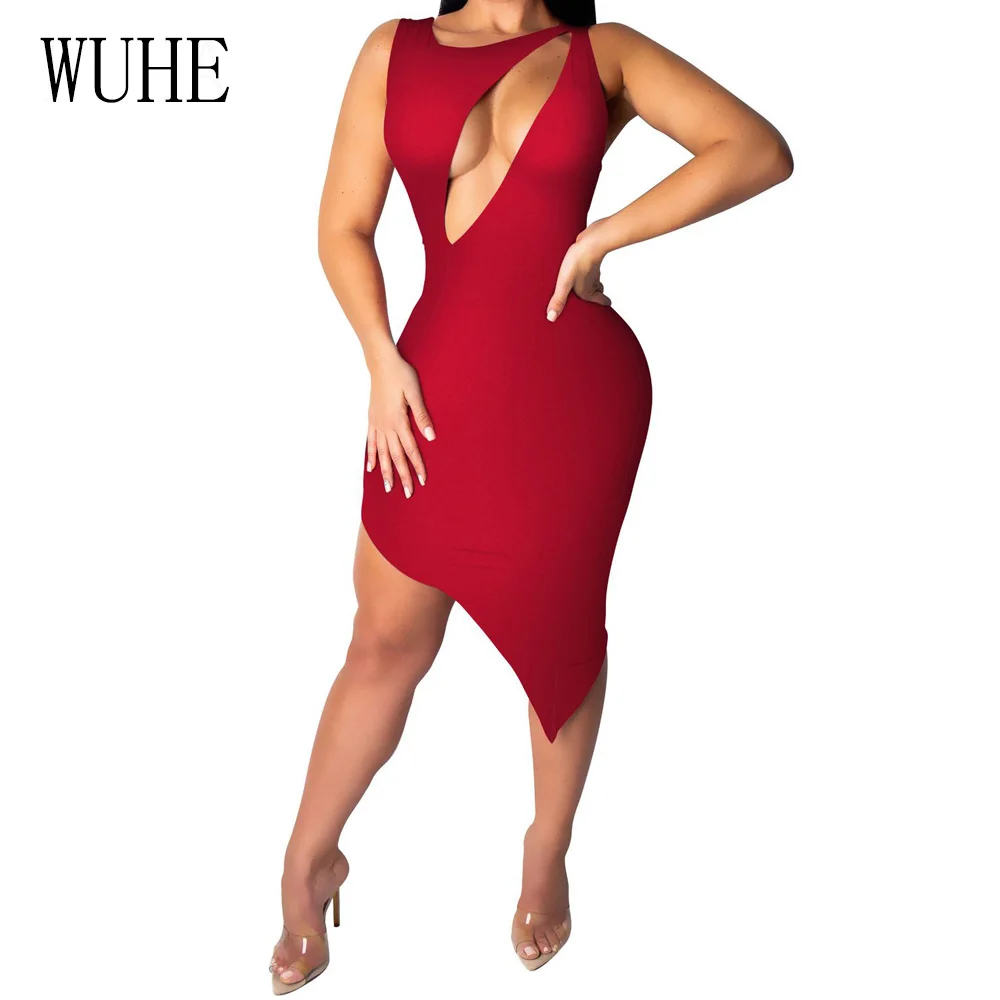 

WUHE Summer Sexy Asymmetrical Bodycon Dress Elegant Women Fashion Hollow Out Sleeveless Party Dresses Casual Ladies Vestidos