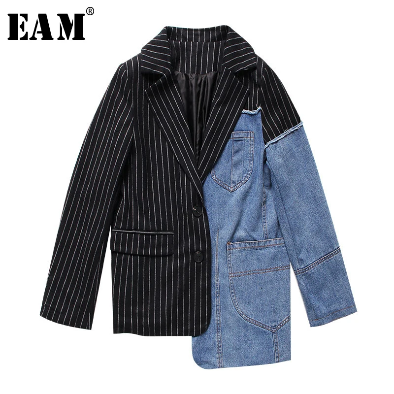 

[EAM] 2019 New Spring Summer Lapel Long Sleeve Blue Striped Denim Split Joint Loose Irregular Jacket Women Coat Fashion JW693