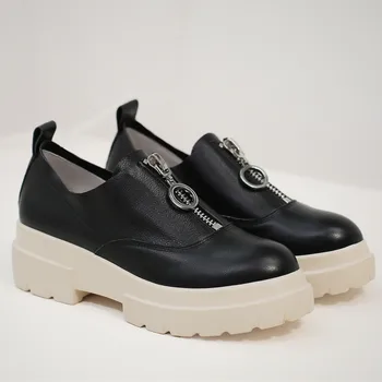 

Women's genuine leather platform flats oxfords front zip leisure espadrilles high quality soft comfortable loafers shoes women