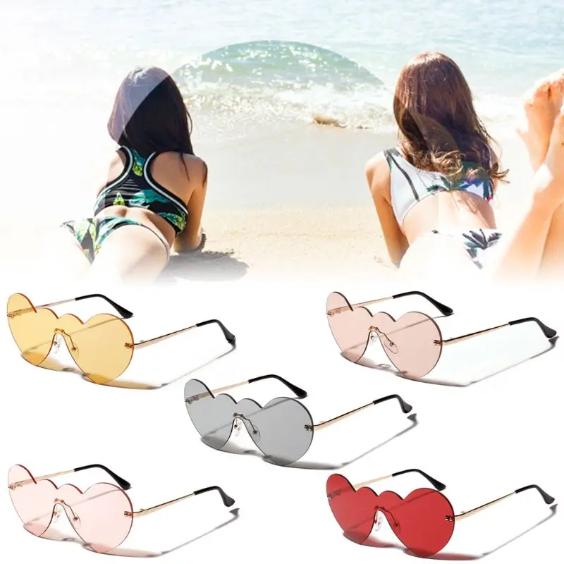 Heart Shape Lens Sunglasses Rimless Metal Personality UV400 One-piece Sun Glasses Charms Fashion Unisex Party Women Eyewear Gift