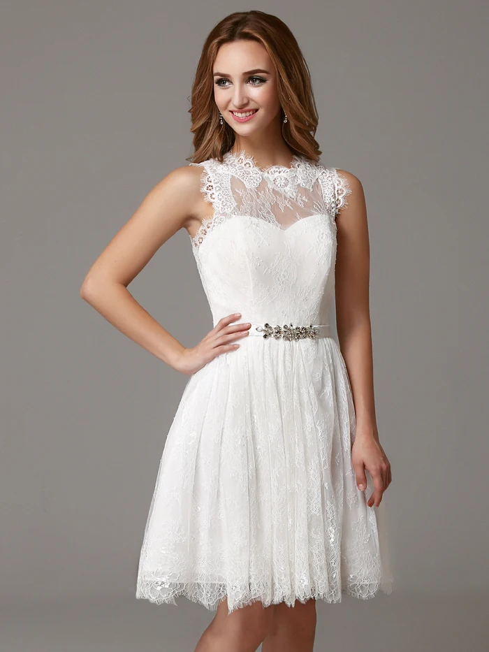 2016 White Short Knee Length A line Sheer High Neck Sleeveless Lace Women Boho Bridesmaid 