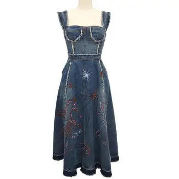 

Summer Dress New Denim Vestidos Sleeveless Embroidery Women Dresses