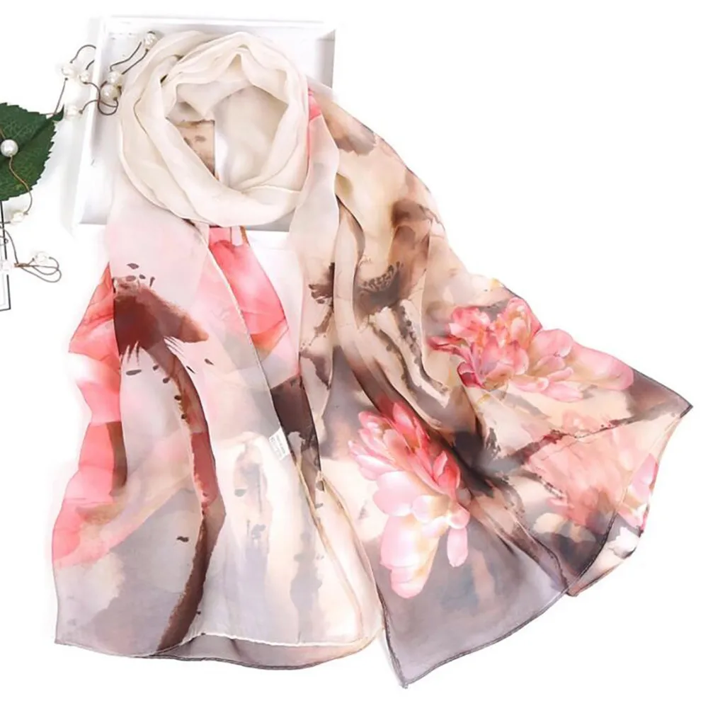

scarves women 2018 autumn femme silksilk scarf scarffloral Lotus Printing Long Soft Wrap Scarf Ladies Shawl veil PSEPO3