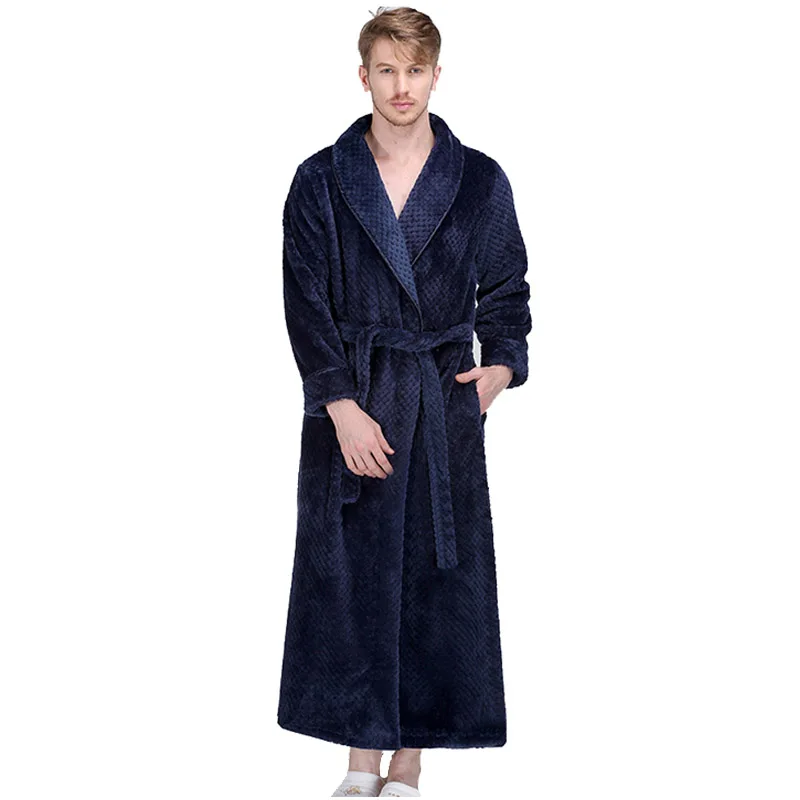 

2018 New Men Winter Extra Long Robe Flannel Coral Fleece Bathrobe Male Full Sleeve Kimono Bath Robe Male Warm Dressing Gown