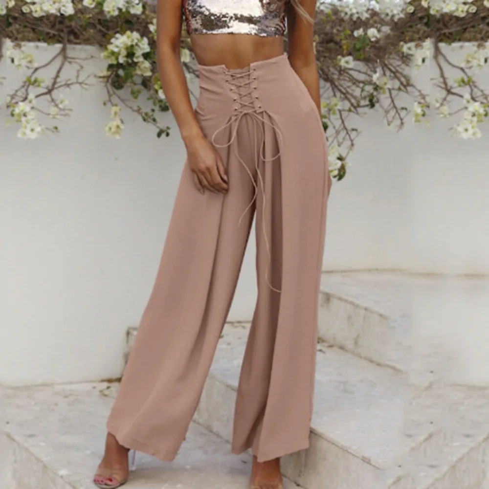 

Hot Streetwear Wide Pants Women Wide Leg Chiffon Pants Chic High Waist Tie Waist Trousers Palazzo OL Pants Long Culottes Pant