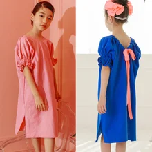 Новинка года, Брендовое детское летнее платье прямое платье для девочек платье для маленькой принцессы Детское хлопковое платье с v-образным вырезом и бантом для малышей#5071