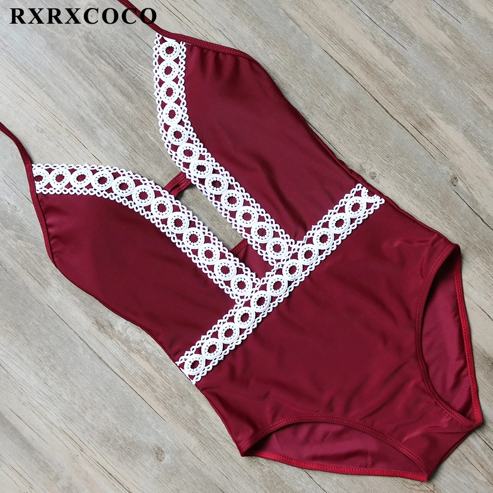 

RXRXCOCO Push Up Swimsuit Women One Pieces Swimwear 2018 Sexy Solid Monokini Halter Bandage Bathing Suit Padded Swimming Suit