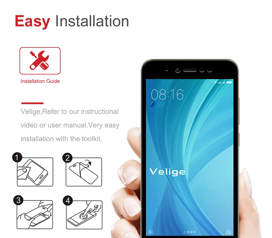 2 Pack Velige Tempered Glass Screen Protector For Xiaomi Redmi Note 5A Prime Note5A Pro Full Cover 9H Glass Flim Black (2)