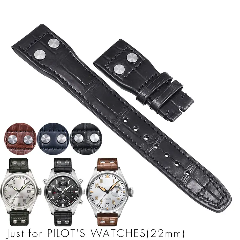 Couro de Crocodilo Pulseiras para Iwc Quente Genuíno Jacaré Pilot Chronograph Ver Band Bracelet Strap Man 22mm Azul Marrom Preto