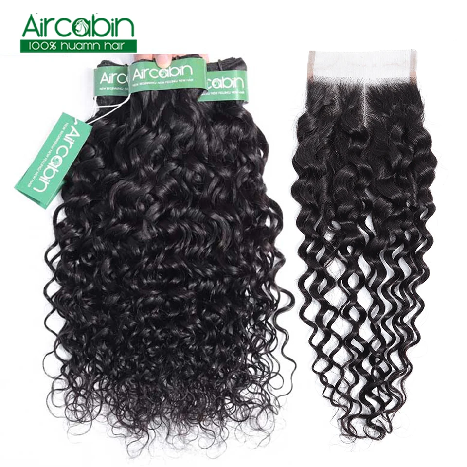 

Human Hair Water Wave Bundles With Closure Aircabin Indian Hair Extension Non Remy Hair Weave 3 Bundle With Lace Closure 4x4