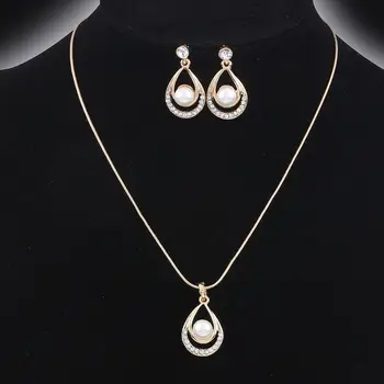 Valentine Day Gifts Gold Color Simulated Pearl Water Drop Crystal Pendant Necklace Earrings Wedding Jewelry Sets For Women