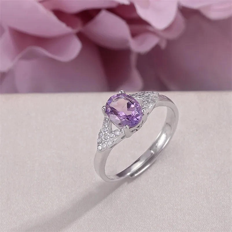 Fine Jewelry кольца для Для женщин S925 серебро Природный 8*6 мм Аметист Фиолетовый овальный камень Регулируемый кольца обручальные кольца r-AM008