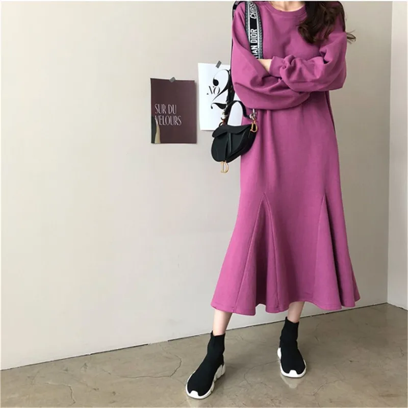  SuperAen Autumn and Winter New 2019 Women Dress Cotton Solid Color Casual Ladies Dress Long Sleeve 