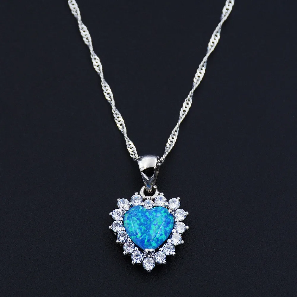 Heart Shaped Blue White Fire Opal Pendant Necklace For Girl Friend 