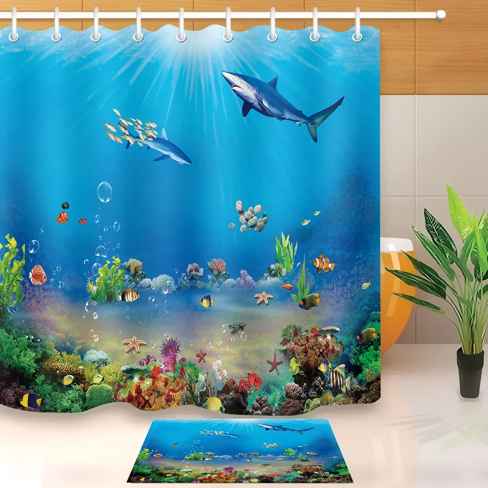 

LB Waterproof Blue Shark Sea Fish 3d Shower Curtains Liner With Bath Mat Set Polyester Bathroom Curtain Fabric for Bathtub Decor