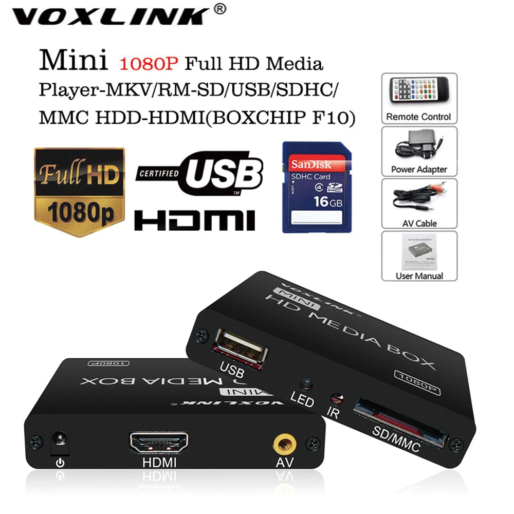  VOXLINK Multimedia player Mini Full HD 1080P HDD Media Player TV box Support HDMI MKV RM SD USB SDHC MMC HDD-HDMI (BOXCHIP F10) 
