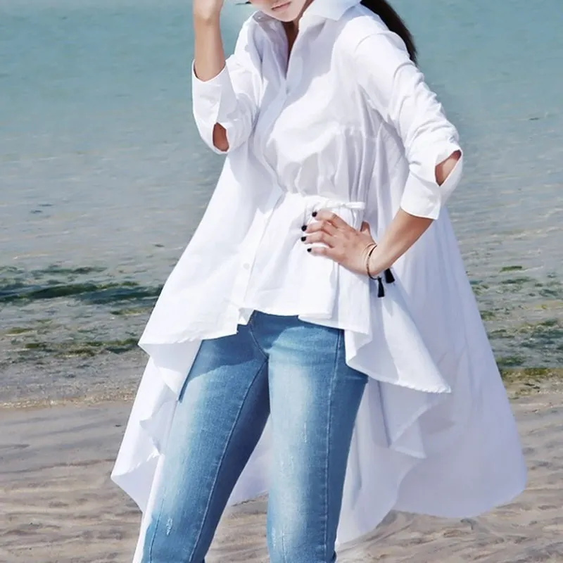 

ASYMSAY 2017 Korean Style Irregular Long Shirt Blouse Fashion White Black Loose Coattail Hem Fit Solid Women Tops AZ9350