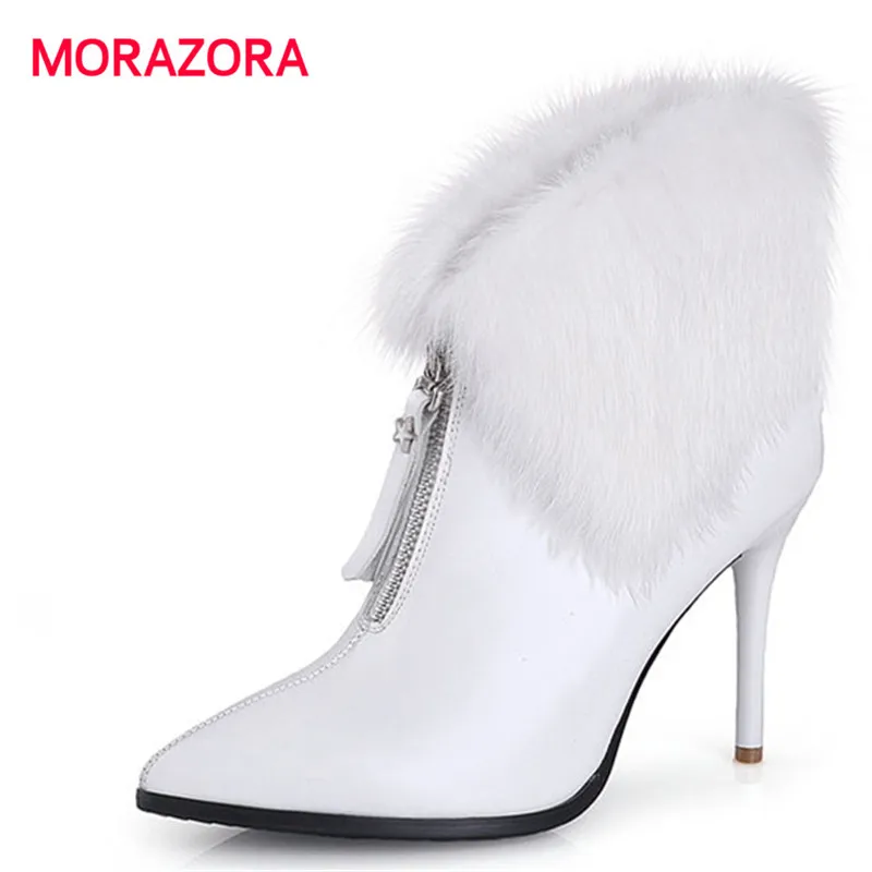 

MORAZORA 2018 new fashion sexy super high heel ankle boots for women zipper genuine leather boots short plush pointed toe boots