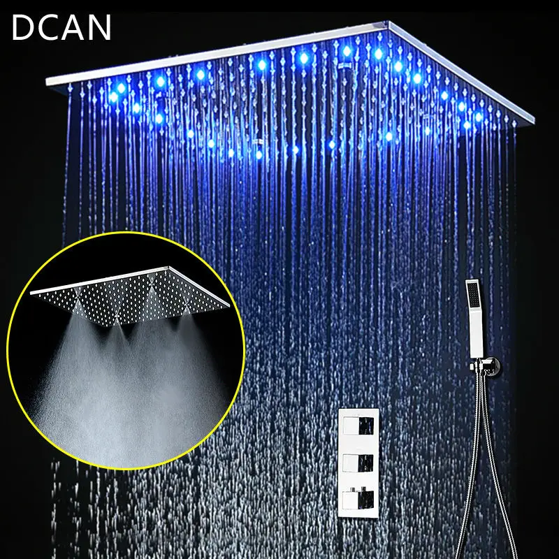 安い 大 Ducha シャワーシステムサーモスタットミキサー 20 インチ Led ミストレインシャワー 3 方法ヘッド天井シャワーパネルハンドヘルドシャワーセット