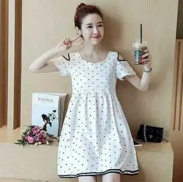Cotton Strapless Dot Maternity Dresses 2019 Summer New Short Sleeve Dress for Pregnant Tops Clothes for Pregnant Women QL6201