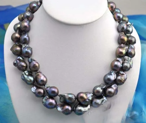 

very good Rare 2row 23mm baroque black keshi reborn pearl necklace Wedding Necklace 18K gold plated wholesale Quartz stone cryst