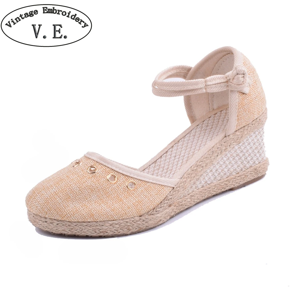 Goede 2018 Vrouwen Pomp Casual Linnen Canvas Wedge Sandalen Zomer Effen Kleur Dicht Teen Enkelband Med Hak Dames Platform Schoenen