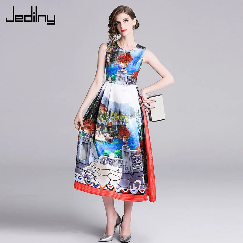

Casual Women Dress 2019 Summer New O Neck Sleeveless Painted Print Vest Dress Elegant Party Dress Vestidos