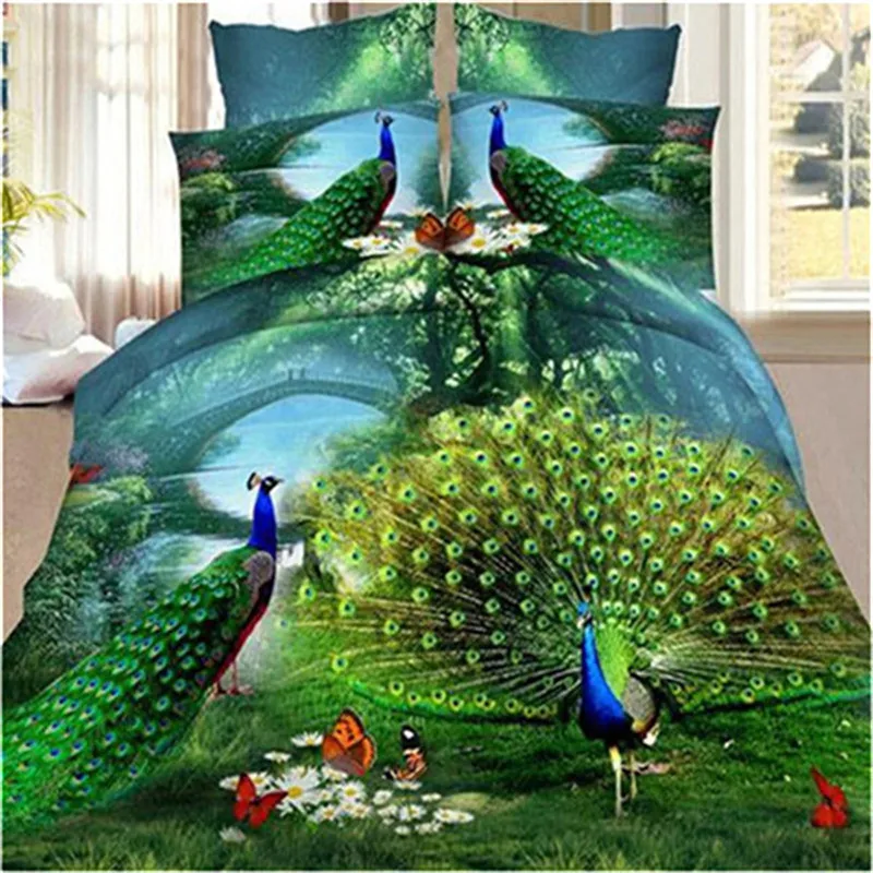 

Polyester Green 3D Aniamls Peacock Printed Bedding Set Pillowcase Sheet Bedsheet Duvet Cover Pillowcase Bed Supplies queen Size