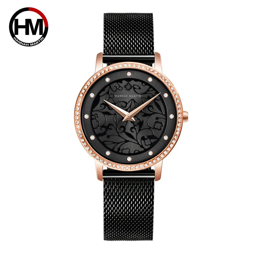 Женские часы, простые, модные, с 3D гравировкой, японские кварцевые наручные часы, водонепроницаемые, ins, топ, люксовый бренд, водонепроницаемые, Relogio Feminio - Цвет: HM-1073-BLACK