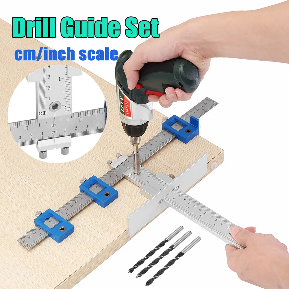 

0-25cm Aluminum Position Cabinet Hardware Jig Set Drill Guide Sliding Nut Woodworking Drilling Positioner with 3Pcs 5mm Drill